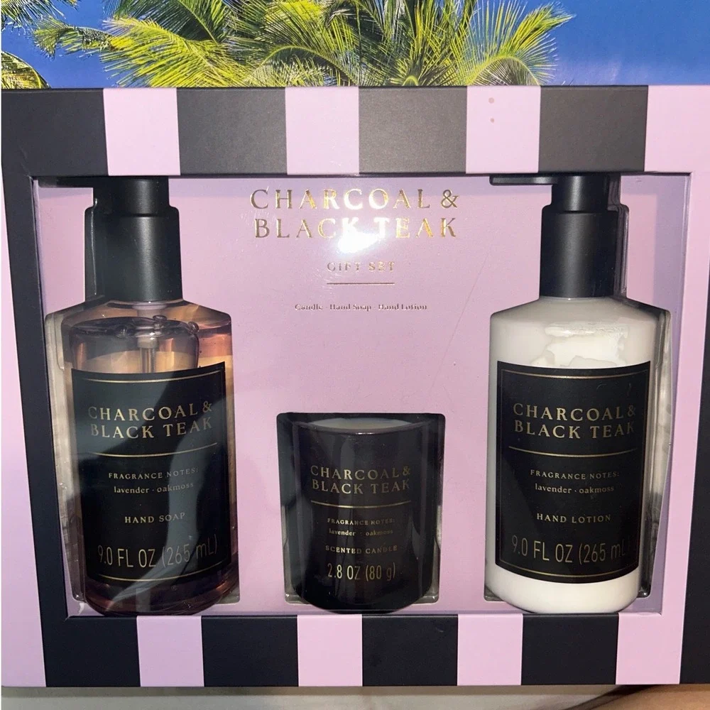 Charcoal & Black Teak Gift Set 3pc Lavender Oakmoss Hand Soap Lotion Candle NEW